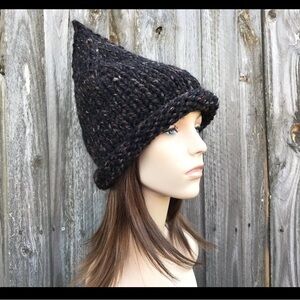 Chunky Knit Black Winter Hat Women’s Elf Witch Whimsigoth Handmade Beanie Goth